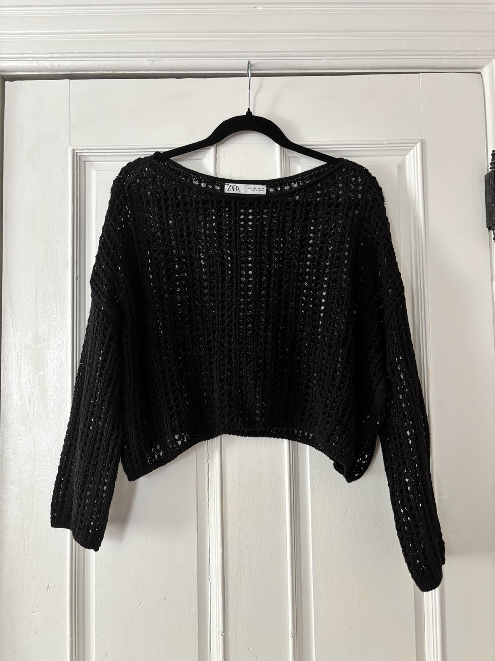 ZARA Black Open-Weave Cropped Crewneck Sweater